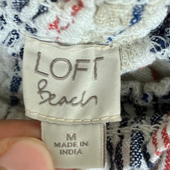 LOFT Beach Womens Romper Tan Multi Striped Linen Blend Smock Neck Flutter M - Picture 6 of 12